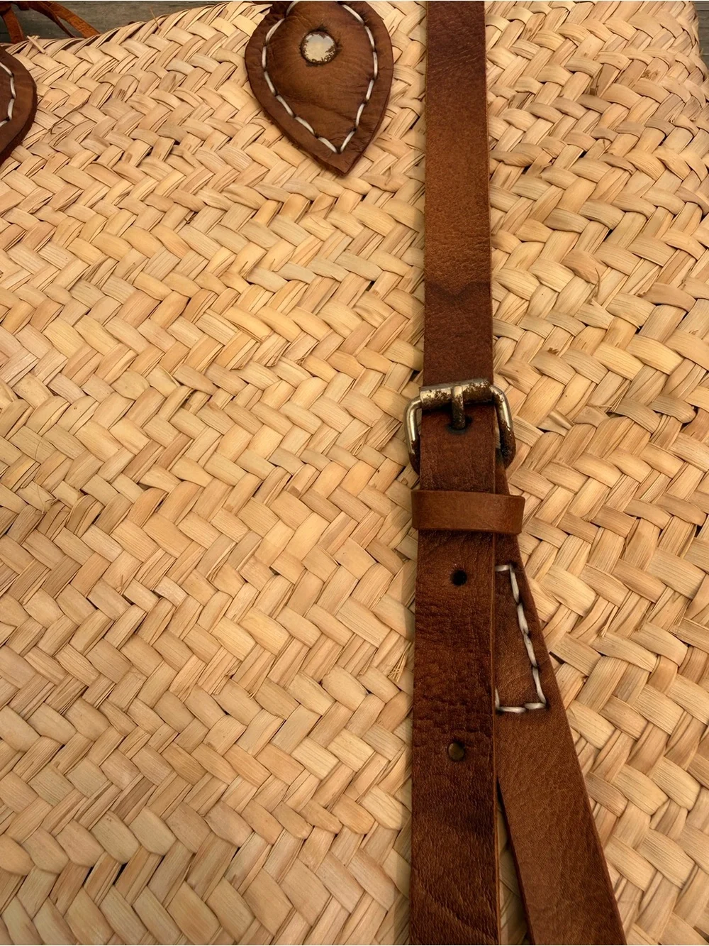 Natural Straw Backpack with Brown Leather Trim